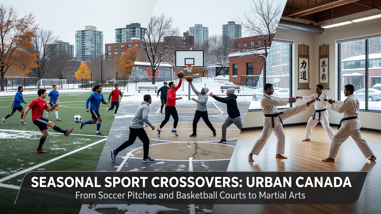 Indoor martial arts dojo with participants practicing techniques in a Canadian urban facility
